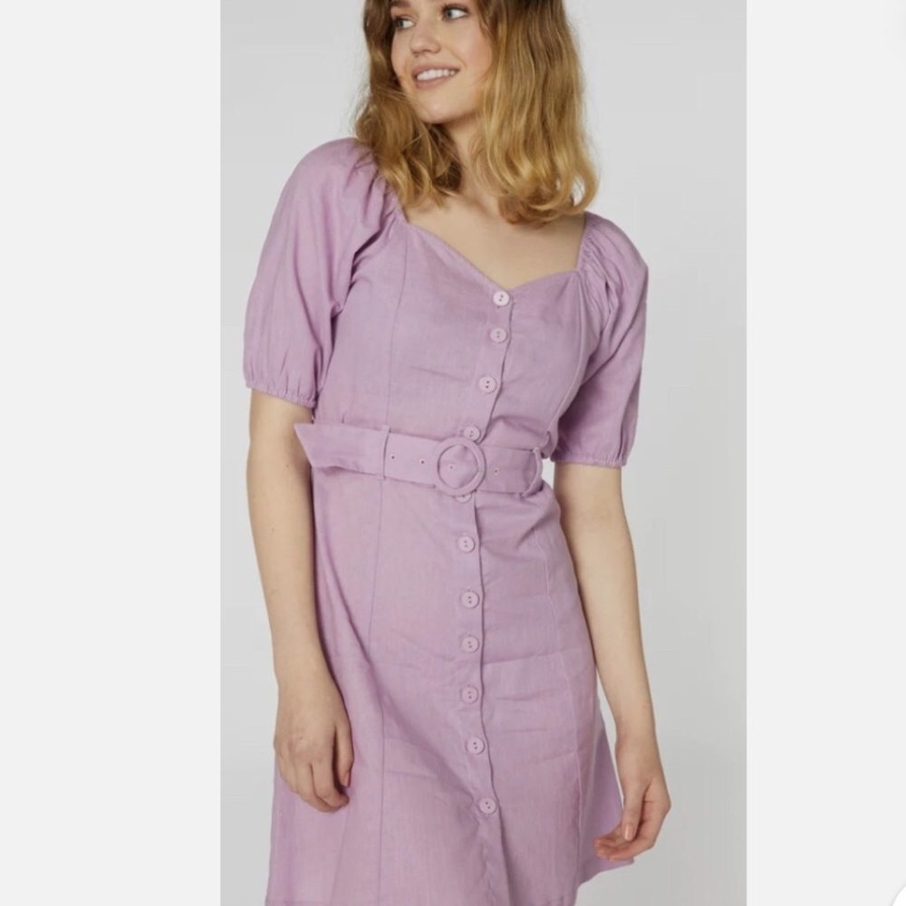 PRINCESS HIGHWAY Lavender Linen Dress Puff Sleeve Belted 8 Summer